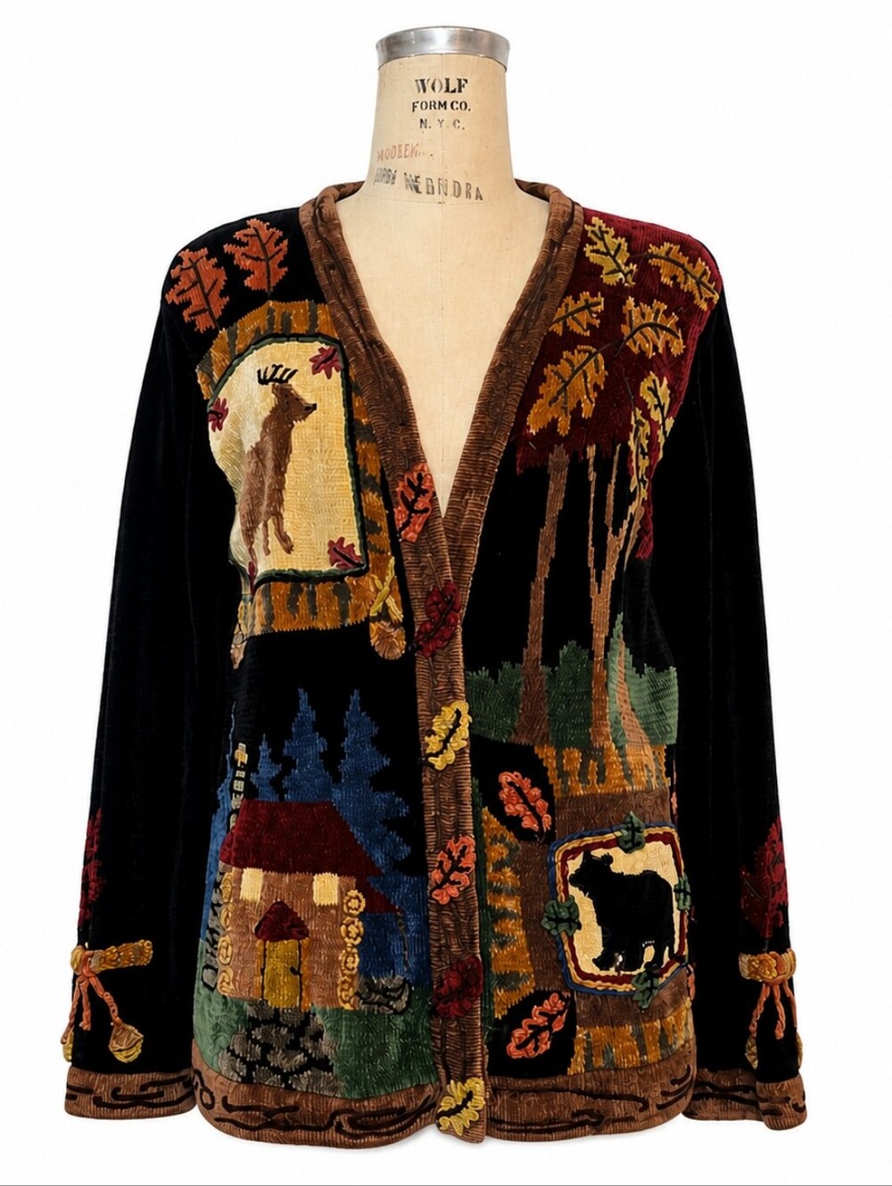 Vintage Black Knit Autumn Fall Leaves Cabin Acorn Embroidered Cardigan Sweater